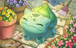 Rule 34 | animal focus, brush, bulbasaur, claws, closed mouth, commentary request, creatures (company), day, closed eyes, flower, flower pot, game freak, gen 1 pokemon, happy, highres, kagure (karaguren), nintendo, no humans, outdoors, pokemon, pokemon (creature), signature, smile, solo, water, yellow flower