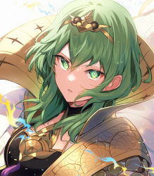 Rule 34 | 1girl, alternate hair color, black coat, byleth (female) (fire emblem), byleth (fire emblem), close-up, coat, enlightened byleth (female), fire emblem, fire emblem: three houses, fire emblem heroes, green eyes, green hair, highres, looking at viewer, medium hair, nakabayashi zun, nintendo, official alternate costume, open mouth, portrait, simple background, solo, tiara