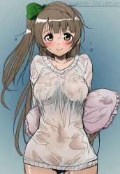 Rule 34 | 10s, 1girl, blush, breasts, brown eyes, brown hair, coldtrojan, long hair, love live!, love live! school idol project, minami kotori, see-through, shirt, smile, solo, wet, wet clothes, wet shirt