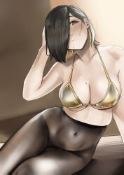 Rule 34 | 1girl, absurdres, arched back, arm support, bikini, bikini top only, black eyes, black hair, black pantyhose, blonde hair, blurry, blush, breasts, cleavage, closed mouth, collarbone, colored inner hair, commentary request, covered navel, gold bikini, grey eyes, hair behind ear, hair over one eye, halterneck, hand in own hair, high-waist pantyhose, highres, indoors, large breasts, looking at viewer, loose hair strand, medium hair, mole, mole above eye, mole on breast, mole under mouth, multicolored hair, multiple moles, no panties, original, pantyhose, pupi (rain prophet), smile, solo, stomach, swimsuit, two-tone hair