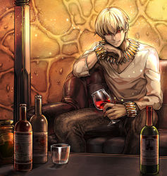 Rule 34 | 1boy, alcohol, bad id, bad pixiv id, blonde hair, bracelet, casual, fate/stay night, fate/zero, fate (series), gilgamesh (fate), jewelry, male focus, necklace, official alternate costume, red eyes, short hair, sitting, solo, wine, zakki