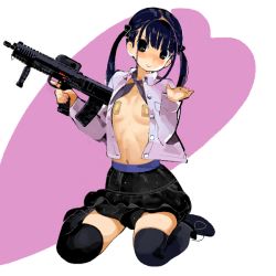 Rule 34 | 1girl, black eyes, black hair, black thighhighs, blush, breasts, full body, gun, long hair, navel, open clothes, simple background, sitting, skirt, small breasts, smile, solo, tetsumi, thighhighs, twintails, wariza, weapon