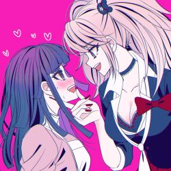 Rule 34 | 2girls, :d, bear hair ornament, black bra, black choker, black shirt, blush, bow, bra, breasts, choker, cleavage, collarbone, danganronpa: trigger happy havoc, danganronpa (series), danganronpa 2: goodbye despair, enoshima junko, eye contact, hair ornament, heart, highres, large breasts, looking at another, multiple girls, nail polish, necktie, open mouth, pink background, pink shirt, pleated skirt, red bow, red nails, red skirt, satori (aosky9077), shirt, skirt, smile, teeth, tsumiki mikan, twintails, underwear, upper body, upper teeth only, white necktie