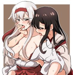 Rule 34 | 2girls, absurdres, akagi (kancolle), bad id, bad twitter id, blush, grabbing another&#039;s breast, breasts, brown hair, convenient censoring, ear blush, finger in another&#039;s mouth, grabbing, groping, hair censor, hairband, headband, highres, japanese clothes, kantai collection, large breasts, licking, long hair, mizin kosutin, multiple girls, open clothes, open mouth, saliva, shoukaku (kancolle), sweat, tears, tongue, tongue out, white hair, yuri