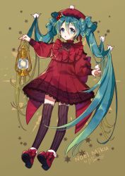 Rule 34 | 1girl, :o, animal, bad id, bad pixiv id, beret, bird, black thighhighs, blush, boots, bow, brown background, commentary request, dress, full body, fur-trimmed boots, fur trim, green eyes, green hair, hair between eyes, hat, hatsune miku, highres, holding, lace, lace-trimmed legwear, lace trim, lantern, long hair, long sleeves, looking at viewer, manle, parted lips, puffy long sleeves, puffy sleeves, red bow, red dress, red footwear, red hat, signature, snowflake background, solo, striped clothes, striped thighhighs, thighhighs, twintails, vertical-striped clothes, vertical-striped thighhighs, very long hair, vocaloid
