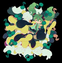 Rule 34 | 1girl, 4633ka7, black background, blush, collared shirt, detached sleeves, eighth note, expressionless, green hair, green necktie, green shirt, hair between eyes, hatsune miku, highres, looking at viewer, musical note, necktie, pleated skirt, shadow, shirt, skirt, sleeveless, sleeveless shirt, solo focus, twintails, vocaloid