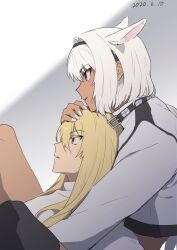 Rule 34 | 1boy, 1girl, animal ears, between legs, black hairband, black thighhighs, blonde hair, blue eyes, buckle, caenis (fate), casual, cropped jacket, cuddling, dark-skinned female, dark skin, dated, extra ears, fate/grand order, fate (series), from side, gradient background, hairband, hand on another&#039;s head, horse ears, hug, hug from behind, jacket, kirschtaria wodime, leaning back, long hair, looking ahead, nail polish, parted lips, ponytail, profile, purple eyes, sabamori, shirt, simple background, single thighhigh, sitting, studded jacket, thighhighs, white hair, white jacket, white nails, white shirt