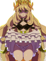 Rule 34 | 1girl, absurdres, birakun83, blonde hair, breasts, butterfly hair ornament, celine (fire emblem), cleavage, clothes lift, crown, disgust, dress, dress lift, fire emblem, fire emblem engage, flower, green eyes, hair flower, hair ornament, highres, lifted by self, long hair, looking at viewer, navel, nintendo, panties, small breasts, solo, underwear, upskirt, very long hair, white background, white panties