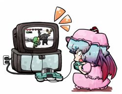 Rule 34 | 1girl, bad id, bad pixiv id, blue hair, blush stickers, bomb, cartridge, chibi, console, controller, d-pad, dark link, explosive, fang, female focus, game console, game controller, gamepad, hat, heart, instrument, joystick, link, nintendo, nintendo 64, nura (oaaaaaa), ocarina, open mouth, playing games, red eyes, remilia scarlet, shield, simple background, solo, sweatdrop, sword, television, the legend of zelda, the legend of zelda: ocarina of time, touhou, tunic, video game, weapon, white background, wings
