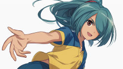 Rule 34 | 1boy, :d, asada hachi, blue shorts, brown eyes, commentary, dutch angle, floating hair, green hair, hair over one eye, happy, highres, inazuma eleven, inazuma eleven (series), kazemaru ichirouta, long hair, looking at viewer, male focus, open mouth, outstretched arm, ponytail, raimon, raimon soccer uniform, reaching, reaching towards viewer, shirt, short sleeves, shorts, simple background, smile, soccer uniform, solo, sportswear, twitter username, upper body, watermark, white background, yellow shirt