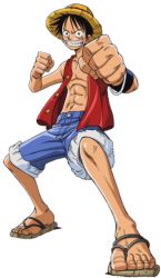 Rule 34 | 1boy, abs, black hair, clenched hand, full body, grin, hat, male focus, monkey d. luffy, muscular, official art, one piece, sandals, scar, shorts, smile, solo, standing, straw hat, transparent background, vest, white background, wristband