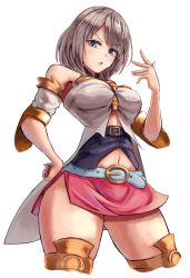 Rule 34 | 1girl, ashelia b&#039;nargin dalmasca, bare shoulders, belt, belt buckle, blue belt, blue eyes, blush, breasts, buckle, final fantasy, final fantasy xii, hand on own hip, hand up, legs apart, looking at viewer, medium breasts, midriff, miniskirt, moppo, navel, open mouth, pink skirt, short hair, side slit, silver hair, simple background, skirt, solo, swept bangs, thighs, v-shaped eyebrows, white background