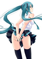 Rule 34 | 1girl, bad id, bad pixiv id, chiro, covering ass, covering privates, from behind, hatsune miku, long hair, panties, pantyshot, simple background, skirt, solo, striped clothes, striped panties, thighhighs, twintails, underwear, upskirt, very long hair, vocaloid, white background, wind, wind lift