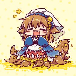 Rule 34 | 1girl, = =, blonde hair, blue dress, blush, brown hair, chibi, claws, closed eyes, commentary request, dated commentary, dress, extra mouth, flower (symbol), full body, hair flaps, hands up, happy, layered dress, long hair, long sleeves, lowres, monster girl, motion lines, open mouth, original, rakuni, sharp teeth, solo, tail, teeth, tentacles, veil, wide sleeves, yellow background