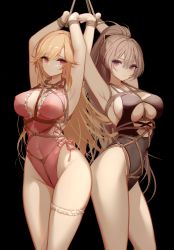 Rule 34 | 2girls, absurdres, alternate breast size, armpits, arms up, azur lane, backless swimsuit, bdsm, black background, blonde hair, bondage, bound, bound wrists, breasts, bridal garter, brown one-piece swimsuit, cleavage, cleavage cutout, clothing cutout, cross-laced clothes, cross-laced one-piece swimsuit, crotch rope, curvy, grey hair, hair between eyes, halterneck, highleg, highleg swimsuit, highres, jean bart (azur lane), large breasts, looking at viewer, multiple girls, one-piece swimsuit, pink one-piece swimsuit, red eyes, restrained, richelieu (azur lane), richelieu (fleuron of the waves) (azur lane), simple background, swimsuit, thigh strap, thighs, yuuraku yuraku