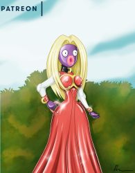 Rule 34 | 1girl, blonde hair, breasts, bush, collar, cosplay, covered erect nipples, creatures (company), dress, game freak, gen 1 pokemon, gloves, highres, hypnosis, jynx, jynx (cosplay), kris (pokemon), large breasts, latex, latex collar, latex dress, latex gloves, latex mask, lips, mind control, nintendo, nipples, pokemon, pokemon gsc, purple gloves, purple latex, red dress, rosvo, shiny clothes, shiny latex, shiny skin, tagme