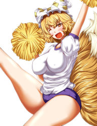 Rule 34 | 1girl, alternate costume, arm up, blonde hair, blush, breasts, buruma, cheerleader, female focus, fox tail, gym uniform, hat, hat with ears, highres, impossible clothes, impossible shirt, kicking, large breasts, leg up, legs, looking at viewer, multiple tails, nipples, one eye closed, open mouth, pom pom (cheerleading), puffy short sleeves, puffy sleeves, purple buruma, shirt, short hair, short shorts, short sleeves, shorts, simple background, solo, tail, thighs, touhou, white background, wink, yakumo ran, yellow eyes, zan (harukahime)
