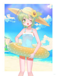 Rule 34 | 1girl, alternate costume, antennae, beach, blue one-piece swimsuit, blue sky, blush, breasts, brown hat, cliff, cloud, commentary request, covered navel, day, feet out of frame, flower, green eyes, green hair, hair between eyes, hat, hat flower, innertube, kari (atsuki 565), lens flare, looking at viewer, ocean, one-piece swimsuit, one eye closed, open mouth, outdoors, sand, short hair, sky, small breasts, smile, solo, star (symbol), sun hat, sunflower, swim ring, swimsuit, touhou, water, wriggle nightbug