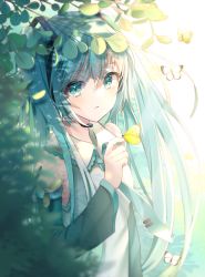 Rule 34 | 1girl, aqua eyes, aqua hair, aqua necktie, azuazu 0405, bare shoulders, black sleeves, bug, butterfly, butterfly on hand, commentary, dappled sunlight, day, detached sleeves, expressionless, hair between eyes, hair ornament, hatsune miku, headphones, headset, highres, insect, leaf, long hair, looking at viewer, necktie, outdoors, shirt, sleeveless, sleeveless shirt, solo, standing, sunlight, tie clip, tree, twintails, upper body, very long hair, vocaloid, white butterfly, white shirt, yellow butterfly