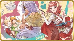 Rule 34 | 4girls, animal ears, bird, blonde hair, blue eyes, breasts, calligraphy brush, cat ears, cat girl, cat tail, choker, closed eyes, dark-skinned female, dark skin, eyepatch, feathers, feh (fire emblem heroes), fire emblem, fire emblem: path of radiance, fire emblem: radiant dawn, fire emblem fates, fire emblem heroes, fox ears, fox girl, fur-trimmed kimono, fur trim, grin, hairband, japanese clothes, kimono, lethe (fire emblem), medium breasts, multiple girls, muscular, muscular female, nailah (fire emblem), nintendo, official art, owl, paintbrush, pink hair, red eyes, sakura (fire emblem), selkie (fire emblem), short hair, smile, tail, upper body, wolf ears, wolf girl, wolf tail