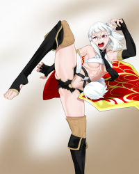 Rule 34 | 1girl, abs, amazon warrior, angry, barefoot, breasts, fate/grand order, fate (series), fighting stance, fingerless gloves, glasses, gloves, kicking, millipen (medium), muscular, necktie, penthesilea (fate), red eyes, revealing clothes, toeless legwear, toes, traditional media, trick1601, twintails, underboob, waist cape, white hair