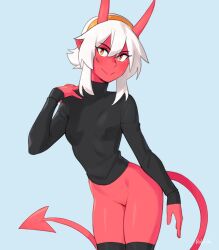 Rule 34 | 1girl, artist name, black sweater, black thighhighs, blush, bottomless, breasts, closed mouth, colored skin, commentary, demon girl, demon horns, demon tail, english commentary, hair between eyes, hairband, hand on own shoulder, highres, horns, leaning forward, li (rob ishi), long sleeves, looking at viewer, no panties, orange hairband, original, pointy ears, red skin, rob ishi, short hair, small breasts, smile, solo, sweater, tail, thighhighs, white hair