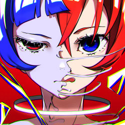 Rule 34 | absurdres, blue eyes, blue hair, blunt bangs, chromatic aberration, closed mouth, crossed bangs, highres, jewelry, looking at viewer, mixed-language commentary, mugi626, neck ring, original, portrait, red eyes, red hair, screentones, solo, split theme, straight-on, tongue, tongue out
