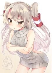 Rule 34 | 10s, 1girl, amatsukaze (kancolle), aran sweater, backless outfit, bare back, blush, breasts, brown eyes, butt crack, cable knit, grey sweater, highres, irone (miyamiya38), kantai collection, long hair, looking at viewer, meme attire, naked sweater, rensouhou-kun, silver hair, sweater, turtleneck, turtleneck sweater, two side up, virgin killer sweater