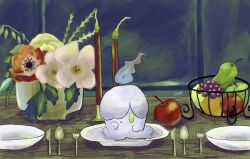 Rule 34 | apple, artist name, blank eyes, blue fire, bowl, candle, chromatic aberration, creatures (company), fire, flower, food, fork, fruit, fruit bowl, game freak, gen 5 pokemon, grapes, hair over one eye, highres, indoors, knife, lemon, litwick, looking at viewer, nintendo, no humans, on table, one eye covered, open mouth, orange (fruit), pear, pink flower, plate, pokemon, pokemon (creature), red flower, sazanami (rsrm1), signature, solo, spoon, table, yellow eyes, yellow flower