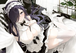 Rule 34 | 1girl, apron, august von parseval (azur lane), august von parseval (the conquered unhulde) (azur lane), azur lane, bare shoulders, black footwear, black horns, blurry, blurry background, breasts, commentary request, cross-laced clothes, cross-laced dress, curled horns, fujiyama, full body, garter straps, hair over one eye, hand on own chest, high heels, highres, horns, indoors, large breasts, looking at viewer, lying, maid headdress, mechanical horns, official alternate costume, on side, one eye covered, plant, purple eyes, purple hair, shoes, solo, thighhighs, white apron, white garter straps, white thighhighs, window