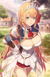 Rule 34 | 1girl, ahoge, ascot, blue eyes, blurry, blurry background, blush, braid, breasts, buttons, cleavage, commentary request, contrapposto, double-breasted, frills, gloves, hair between eyes, hair ornament, hair ribbon, hand on own hip, highres, large breasts, long hair, long sleeves, looking at viewer, nihnfinite8, o-ring, open mouth, orange hair, outdoors, pecorine (princess connect!), princess connect!, puffy short sleeves, puffy sleeves, red ribbon, red skirt, ribbon, short sleeves, skirt, smile, solo, tiara, white gloves