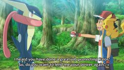 Rule 34 | 1boy, :d, ash ketchum, backpack, bag, baseball cap, black hair, blue vest, brown eyes, commentary, creatures (company), derivative work, english commentary, fingerless gloves, forest, game freak, gen 1 pokemon, gen 6 pokemon, gloves, green bag, greninja, hat, highres, leafbladex yt, light rays, looking at another, nature, nintendo, open mouth, outstretched arm, pikachu, poke ball, poke ball (basic), pokemon, pokemon (anime), pokemon (creature), pokemon journeys, screenshot redraw, shirt, smile, spiked hair, subtitled, sunbeam, sunlight, teeth, twitter username, upper body, upper teeth only, vest, white shirt