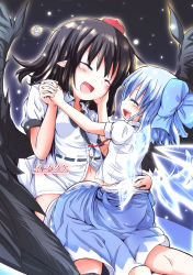 Rule 34 | 2girls, black hair, black wings, blue bow, blue dress, blue hair, bow, cirno, dress, closed eyes, feathered wings, hair bow, holding hands, hat, highres, ice, ice wings, infrontie, multiple girls, navel, open mouth, pointy ears, pom pom (clothes), shameimaru aya, short dress, sitting, sitting on lap, sitting on person, smile, tokin hat, touhou, wings, yuri