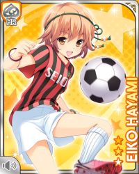 Rule 34 | 1girl, ball, blonde hair, blouse, bouncing, bracelet, brown eyes, card, character name, clenched hand, english text, girlfriend (kari), green ribbon, hayami eiko, jewelry, official art, open mouth, qp:flapper, red shirt, ribbon, shirt, shoes, short hair, shorts, smile, soccer ball, soccer uniform, socks, solo, sportswear, standing, tagme, yellow background