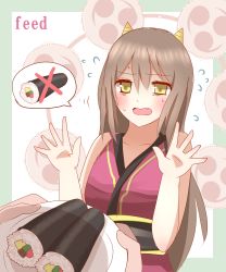 Rule 34 | 1girl, absurdres, bare arms, bare shoulders, blush, brown hair, commentary request, ehoumaki, english text, fang, flying sweatdrops, food, hair between eyes, hands up, highres, holding, holding plate, horns, japanese clothes, kimono, long hair, makizushi, mitsudomoe (shape), non (wednesday-classic), obi, open mouth, original, plate, purple kimono, sash, setsubun, sleeveless, sleeveless kimono, solo, spoken food, sushi, sweat, tomoe (symbol), very long hair, wavy mouth, yellow eyes