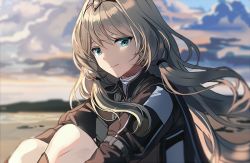 Rule 34 | 1girl, an-94 (girls&#039; frontline), blonde hair, blue eyes, closed mouth, cloud, girls&#039; frontline, hairband, hugging own legs, long hair, low tied hair, platinum blonde hair, silence girl, sitting, sky, smile, solo, tactical clothes