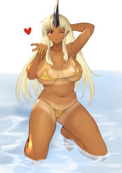 Rule 34 | 1girl, absurdres, alternate breast size, areola slip, arm behind head, armpits, bad id, bad pixiv id, bare arms, bare legs, bare shoulders, bikini, blonde hair, blowing kiss, breasts, breasts apart, collarbone, commission, covered erect nipples, dark-skinned female, dark skin, full body, heart, highres, horns, kneeling, large breasts, long hair, looking at viewer, monster girl, monster musume no iru nichijou, navel, ogre, one eye closed, open hand, open mouth, partially submerged, pointy ears, red eyes, simple background, single horn, solo, sookmo, swimsuit, tan, tanline, thighs, thong, thong bikini, tionishia, water, white background