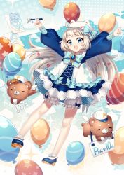 Rule 34 | 1girl, :d, ahoge, bad id, bad pixiv id, balloon, bloomers, blue bow, blue bowtie, blue dress, blue eyes, blue footwear, blush, bobby socks, bow, bowtie, brooch, commentary request, dress, flat cap, frills, grey hair, hair bow, hair ornament, hat, heart, heart print, highres, holding, holding balloon, ichiren namiro, jewelry, long hair, long legs, long sleeves, looking at viewer, mini wings, open mouth, original, outstretched arms, pixiv-tan, polka dot, polka dot dress, puffy long sleeves, puffy sleeves, red bow, shoes, sign, smile, socks, solo, sparkle, spread arms, star (symbol), star print, stuffed animal, stuffed toy, stylus, teddy bear, underwear, very long hair, white bloomers, white hat, white socks, wings, x hair ornament, yellow bow