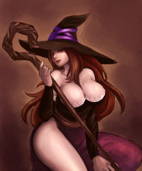 Rule 34 | 1girl, bare shoulders, blush, breasts, brown eyes, brown hair, cleavage, curvy, detached sleeves, dragon&#039;s crown, dress, hat, large breasts, long hair, md5 mismatch, pavlova, side slit, smile, solo, sorceress (dragon&#039;s crown), staff, strapless, strapless dress, vanillaware, weapon, witch hat