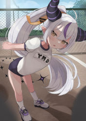 Rule 34 | 1girl, absurdres, ahoge, ass, braid, buruma, day, fence, gym uniform, highres, hololive, horns, la+ darknesss, long hair, looking at viewer, multicolored hair, nemuta muu, outdoors, ponytail, purple hair, shoes, silhouette, sneakers, socks, solo, stretching, tail, two-tone hair, very long hair, virtual youtuber, white hair, white socks, yellow eyes