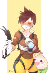 Rule 34 | 1girl, :q, artist name, bodysuit, bomber jacket, breasts, brown eyes, brown hair, brown jacket, chest harness, collarbone, cowboy shot, ear piercing, gloves, goggles, harness, jacket, leather, leather jacket, licking lips, looking to the side, misononeko, orange bodysuit, overwatch, overwatch 1, pachimari, pants, piercing, signature, small breasts, smile, solo, spiked hair, striped, striped background, stuffed animal, stuffed octopus, stuffed toy, tight clothes, tight pants, tongue, tongue out, tracer (overwatch), v, vertical stripes, white background, yellow background