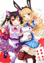 Rule 34 | 10s, 2girls, animal ears, black hair, blonde hair, card, cat ears, collaboration, crossover, green eyes, hoshii miki, idolmaster, idolmaster (classic), long hair, love live!, love live! school idol project, multiple girls, one eye closed, open mouth, playing card, rabbit ears, red eyes, sera (mrvles), smile, thighhighs, twintails, villyane, yazawa nico