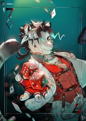 Rule 34 | card, dice, glowing hot, hair over eyes, harness, highres, holding dice, kiekoio, live a hero, long tail, looking at viewer, multicolored hair, necktie, playing card, poker chip, raizi (live a hero), tail, two-tone hair, vest, white vest