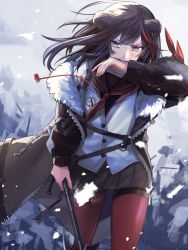 Rule 34 | 1girl, animal ears, arknights, axe, bear ears, black skirt, blue eyes, brown hair, brown sailor collar, bruise, bruise on face, buttons, chain, coat, commentary, earbuds, earphones, floating hair, fur-trimmed jacket, fur trim, geta (epicure no12), handkerchief, highres, holding, holding axe, holding weapon, injury, jacket, long hair, multicolored hair, necktie, open clothes, open coat, pantyhose, pleated skirt, red hair, red necktie, red pantyhose, sailor collar, school uniform, serafuku, skirt, snow, solo, streaked hair, v-shaped eyebrows, weapon, wind, winter clothes, winter coat, wiping mouth, zima (arknights), zipper