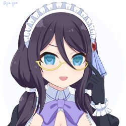 Rule 34 | 1girl, adjusting eyewear, assault lily, black gloves, black hair, black shirt, blue background, blue ribbon, blush, bow, bowtie, breasts, cleavage, commentary request, gem, gloves, gradient background, hair between eyes, hair over shoulder, hair ribbon, hand up, highres, juliet sleeves, large breasts, long bangs, long hair, long sleeves, looking at viewer, low twintails, maid, maid headdress, mashima moyu, medium breasts, official alternate costume, official alternate hairstyle, open mouth, piatin, portrait, puffy sleeves, purple bow, purple bowtie, red gemstone, ribbon, semi-rimless eyewear, shirt, sidelocks, smile, solo, teeth, twintails, twitter username, two-tone shirt, under-rim eyewear, upper teeth only, v-shaped eyebrows, white background, white shirt, wrist cuffs, yellow-framed eyewear