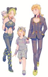 Rule 34 | absurdres, baby, blonde hair, blue eyes, breasts, character request, child, crop top, double bun, green eyes, hair bun, highres, holding hands, inanashil, jojo no kimyou na bouken, looking at another, multicolored hair, navel, shorts, simple background, smile, standing