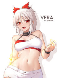 Rule 34 | 1girl, :d, absurdres, artist name, bandeau, bare arms, bare shoulders, black choker, choker, highres, long hair, looking at viewer, midriff, navel, open mouth, original, ponytail, red eyes, short shorts, shorts, smile, solo, stomach, van.elv, white shorts
