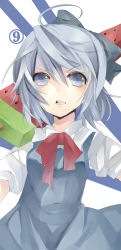 Rule 34 | (21)suke, circled 9, 1girl, angry, blue eyes, blue hair, bow, cirno, food, fruit, hair bow, highres, long image, matching hair/eyes, open mouth, short hair, solo, sword, tall image, touhou, watermelon, weapon, wings