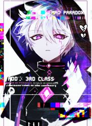Rule 34 | 1boy, add (elsword), black jacket, black sclera, colored sclera, commentary, elsword, english commentary, facial mark, fractalmagnolia, glitch, hair between eyes, heart, hood, hood up, jacket, mad paradox (elsword), male focus, mismatched sclera, pale skin, parted lips, pink eyes, simple background, solo, upper body, white hair