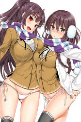Rule 34 | 2girls, :d, asymmetrical docking, black legwear, blazer, blush, braid, breast press, breasts, brown hair, earmuffs, jacket, kojima saya, large breasts, long hair, looking at viewer, multiple girls, no pants, nose blush, open mouth, original, panties, ponytail, red eyes, ribbon, scarf, shared clothes, shared scarf, side-tie panties, simple background, sleeves past wrists, smile, striped clothes, striped scarf, thighhighs, twin braids, underwear, very long hair, white background, white panties, yellow eyes
